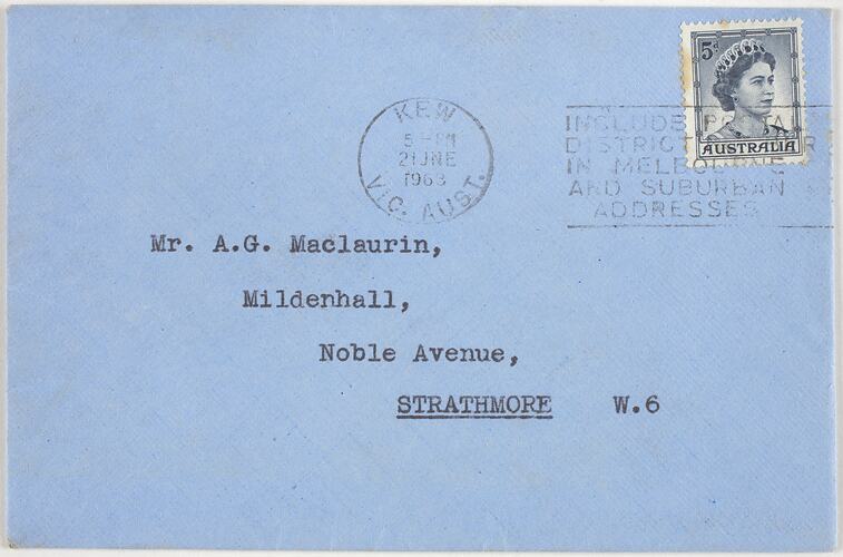 Envelope - from Letter to AG Maclaurin, from WCG McCracken, 21st June, 1963
