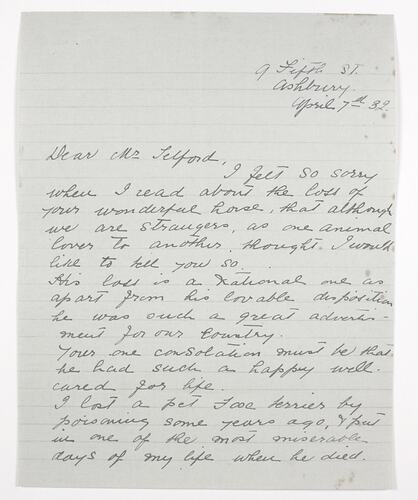 Letter - Lield to Telford, Phar Lap's Death, 07 Apr 1932