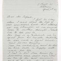 Letter - Lield to Telford, Phar Lap's Death, 07 Apr 1932