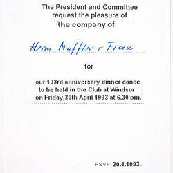 Invitation - Club Tivoli Dinner Dance, 1993