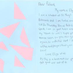 Greeting Card and Bookmark - Eliza to The Alfred hospital Burns Unit, St Mary's School, Robinvale VIC, Feb 2009