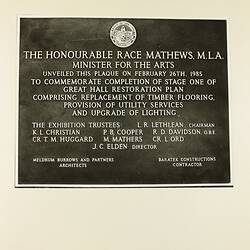 Photograph - Programme '84, Plaque Commemorating State One of the Geat Hall, Royal Exhibition Buildings, 26 February 1985