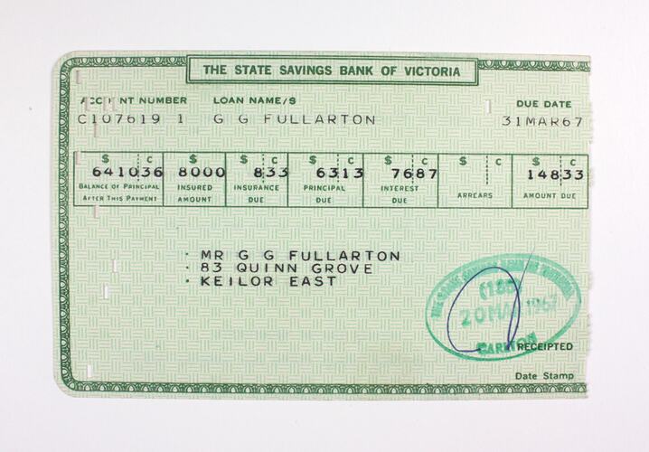 Receipt - Mortgage Loan Payment, State Savings Bank of Victoria, Mr Graeme Fullarton, 31 March 1967