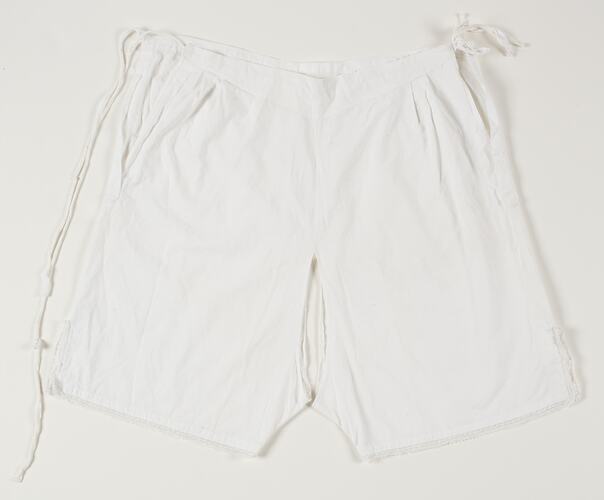 White bloomers, ties on both sides of waistband.