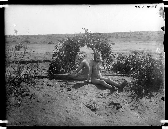 Two widows with cropped hair and covered with white pipe clay sitting under a shelter they built themselves, Tennant Creek, Central Australia, 16-17 August 1901