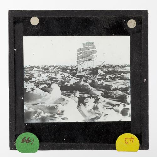 Lantern Slide - The Ship Discovery, Superimposed on Heavy Pack Ice, BANZARE Voyage 1, Antarctica, 1929-1930