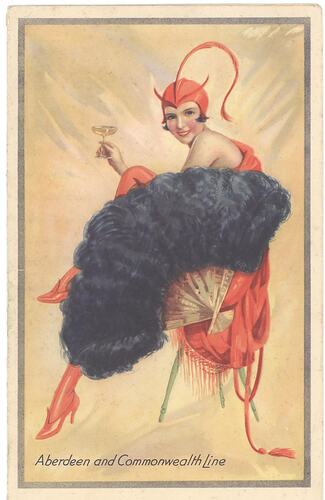 Woman in a red fancy-dress devil costume behind a blue feather fan.