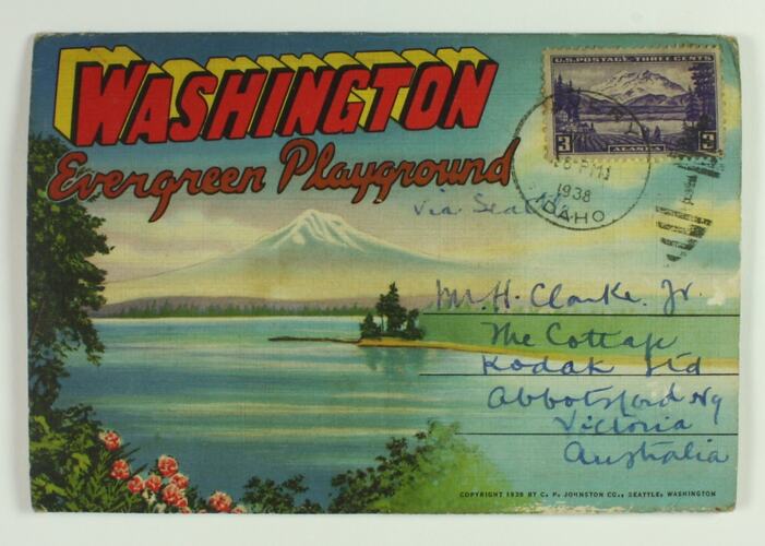 Postcard Folder - 'Washington, Evergreen Playground', from Mr Edgar Rouse to Mr H Clark, Washington via Seattle, USA, 1938