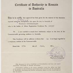 Certificate - Authority to Remain in Australia, Issued to Nicolae Condurateanu, 17 Jun 1952