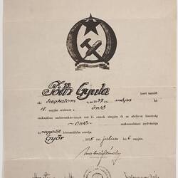 Trade Certificate - Issued to Gyula Toth, Hungary, 6 Jul 1955