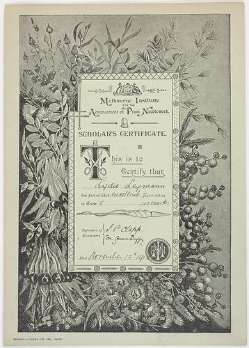 Certificate - Issued to Lydie Leymann, by Melbourne Institute for the Advancement of Plain Needlework, 12 Nov 1912