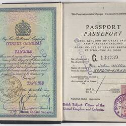 Passport - Issued to John William Gordon-Kirkby, by Consul General of Tangier, 4 Jul 1959