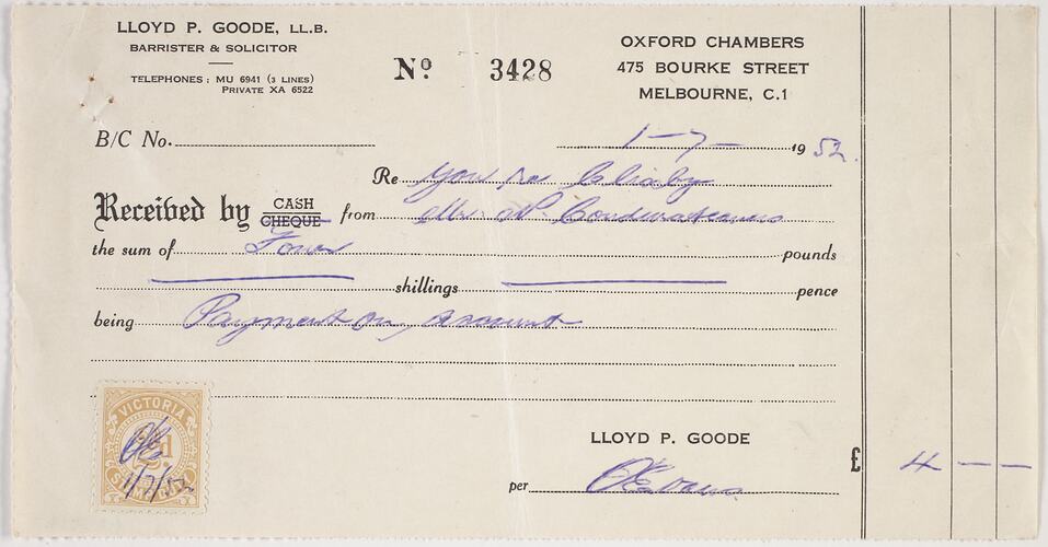 Receipt - Lloyd P Goode of Oxford Chambers, Issued to N Condurateanu, Melbourne, 1 Jul 1952
