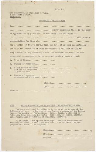 Leaflet - Department of Immigration, Accommodation Guarantee, circa 1949