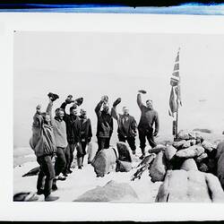 Glass Negative - Raising the Flag at Proclamation Island, BANZARE Voyage 1, Antarctica, 13 Jan 1930