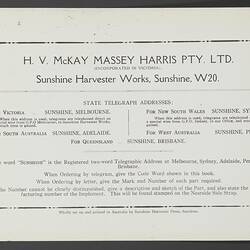 Parts List - H.V. McKay Massey Harris, 'Sunweeder Sugar Cane Cleaner', 1936