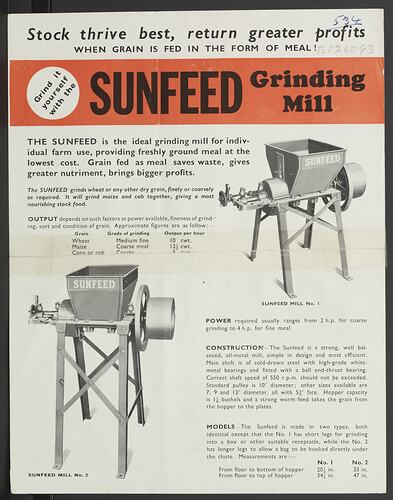 Publicity Flyer - H.V. McKay Massey Harris, Sunfeed, Feed Grinding Mills, 1956