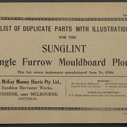 Parts List - H.V. McKay Massey Harris, Sunglint Plough, Sunshine, Victoria, 1950