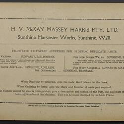 Parts List - H.V. McKay Massey Harris, '2 Furrow