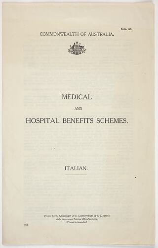 Leaflet - Medical & Hospital Benefits Scheme, Italian, Commonwealth Government