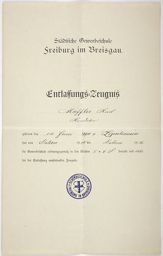 School Report - Germany, Karl Muffler, 1914-1916