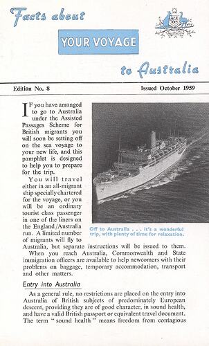 Booklet - 'Facts about Your Voyage to Australia', Dept of Immigration, Australia House, London, October 1959