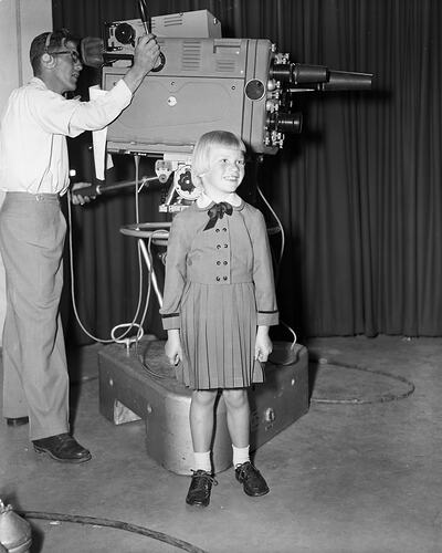 Child at the ABV2 Television Studios, Elsternwick, Victoria, 1958