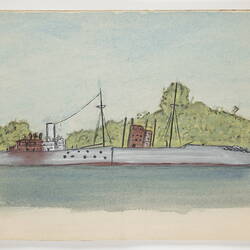 Off-white open book page, with drawing of a ship in harbour.