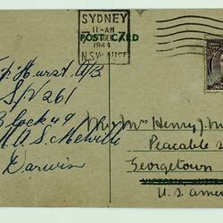 Postcard - Australian Comforts Fund, J.F Hurst, to Mr. & Mrs. Henry Malval, 28 Dec 1944