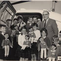 Photograph - L. J. Sterne Doll Co., Leo Sterne, Ron Blaskett & Helicopter Pilot with Children, Melbourne, circa 1960