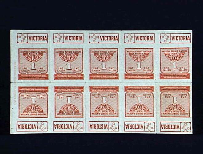 Sheet of ten tickets printed in red on white.