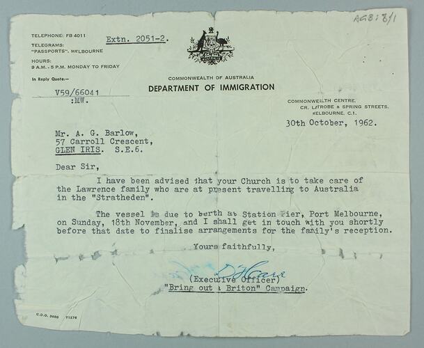 Letter - To Mr A. Barlow from Department of Immigration, Bring Out a Briton Campaign, Melbourne, 30 Oct 1962