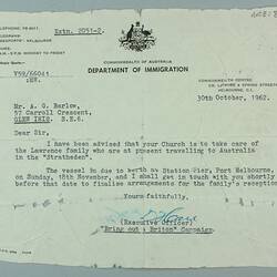 Letter - To Mr A. Barlow, Bring Out a Briton Campaign from Department of Immigration, Melbourne, 30 Oct 1962