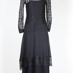 Silk and lace black dinner dress, back view.