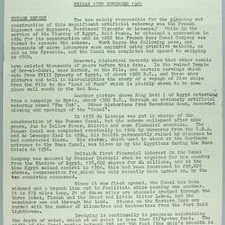 Information Sheet - P&O SS Stratheden, 'Today's Events', Suez Canal, 17 Nov 1961