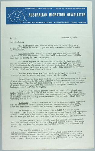Newsletter - 'Australian Migration Newsletter', 4 Nov 1960