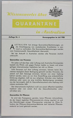 Leaflet - 'Wissenswertes uber Quarantane in Australien', Commonwealth of Australia, Jul 1958