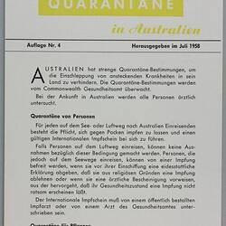 Leaflet - 'Wissenswertes uber Quarantane in Australien', Commonwealth of Australia, Jul 1958