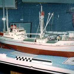 Detailed scale model of arctic transport ship.