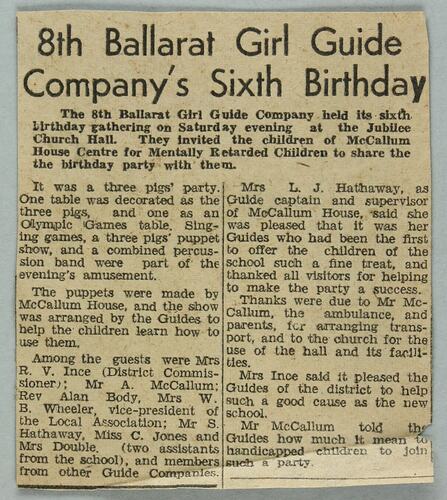 News clipping - Ballarat Girl Guides Birthday Gathering, circa 1960