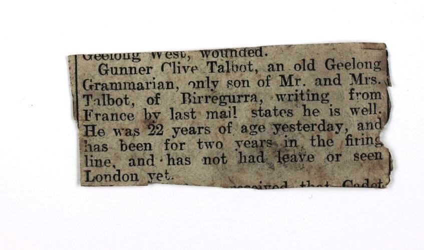 Newspaper cutting with black printed text.
