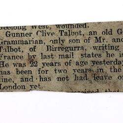 Newspaper Cutting - 'Gunner Clive Talbot', Geelong Advertiser, 24 Apr 1917