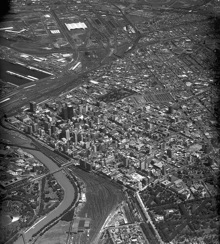 Monochrome aerial photograph of Melbourne.