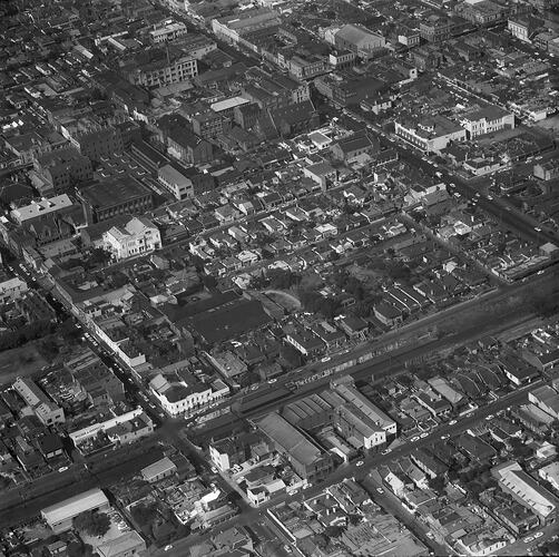 Monochrome aerial photograph of Prahan.