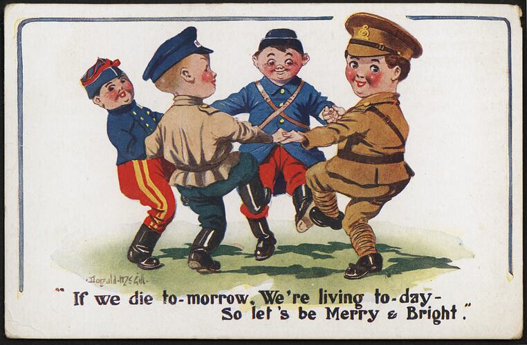 Postcard with illustration of four soldiers in different military uniform holding hands, with text below.