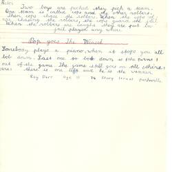Document - Ray Dart, Addressed to Dorothy Howard, Descriptions of Elimination Game 'Pop Goes the Weasel' & Chasing Game 'Cops and Robbers', Aug 1954