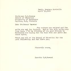 Letter - Dorothy Howard, to George Browne, Farewell & Thanks for Assistance, 13 Apr 1955