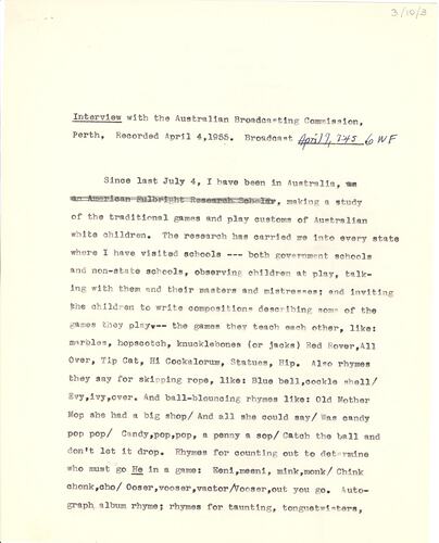 First page of a typed interview transcript in black ink on paper