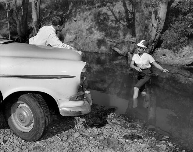 BF Goodrich Australia, Pair with a Motor Car Near a River, Somerton, Victoria, 05 Feb 1960