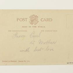 Back of postcard with printing and short hand-written inscription.